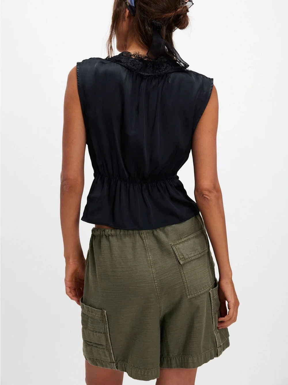 Free People Black Lace-Trim V-Neck Satin Marbella Top Goth Women’s Large NWT